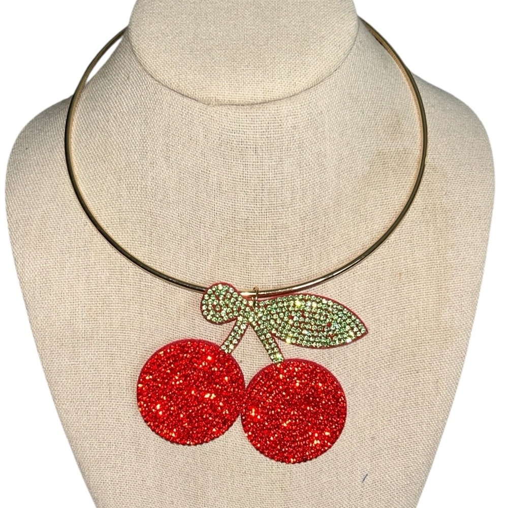 Ruby Red Rhinestone Encrusted Cherry Choker Statement Necklace